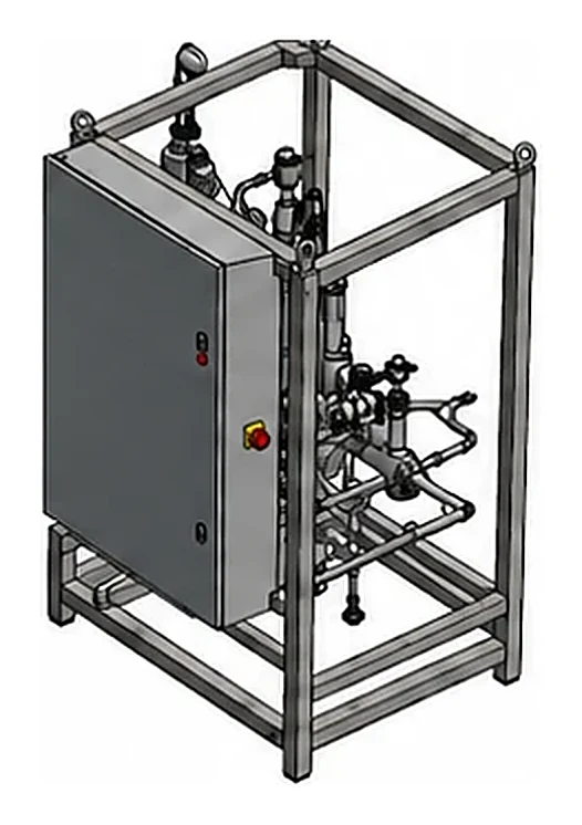 Sterilization skid with control cabinet for aseptic dosing