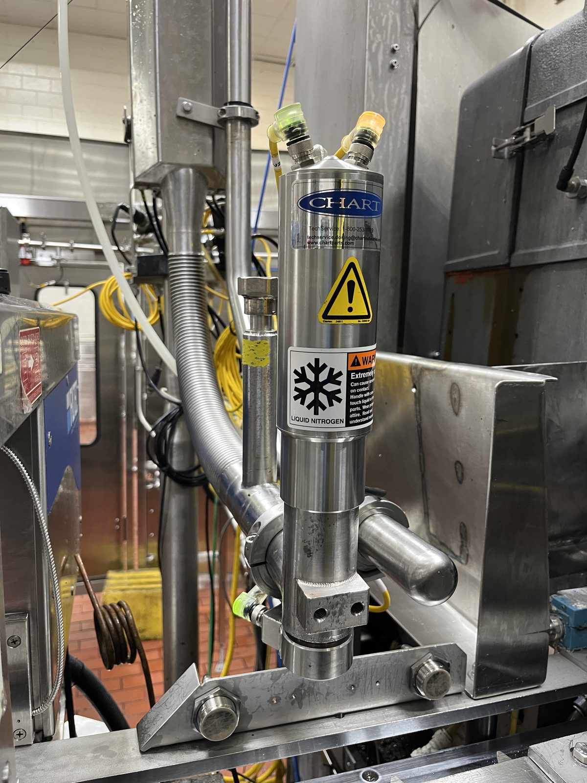 Chart liquid nitrogen doser installed and running on a JoyCan packaging line