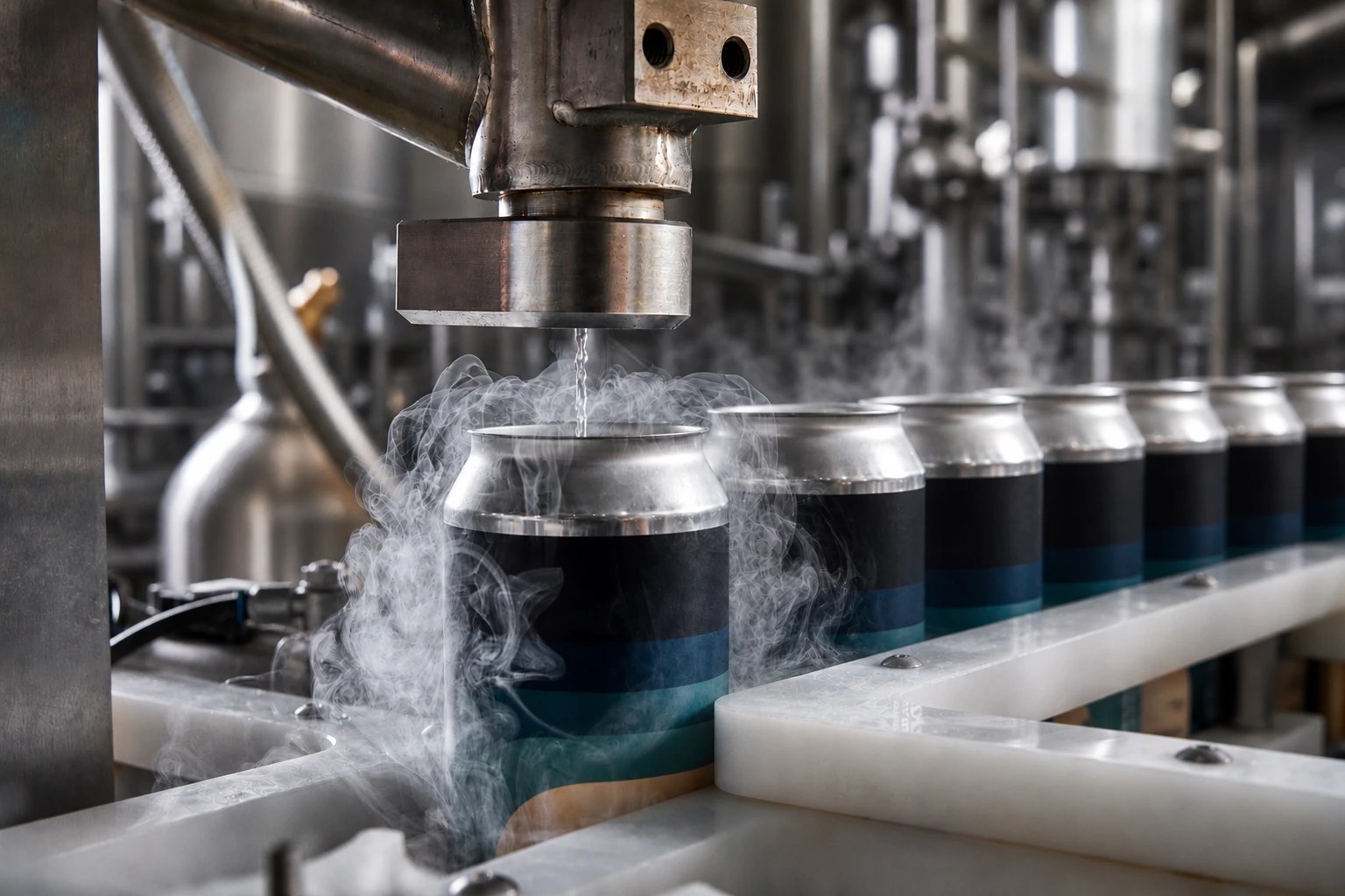 JoyCan cryogenic doser injecting liquid nitrogen into an aluminum beverage can on a high-speed canning line