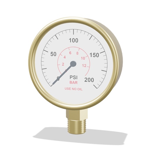 [4873183] 0-200 PSI Pressure Gauge, 2-1/2" Dial, Dual Scale, Brass, 1/4" MNPT Lower Mount, O2 Clean